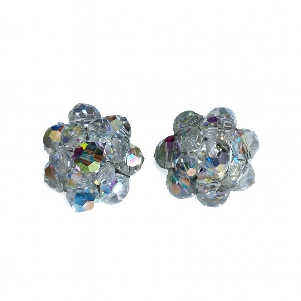 Vintage Aurora Borealis Crystal Glass Bead Cluster Clip On Earrings - Picture 1 of 8
